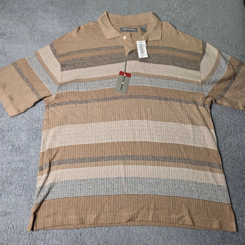 Pierre Cardin Mens 2XL Polo Shirt Khaki Striped Ribbed Knit Short Sleeve New
